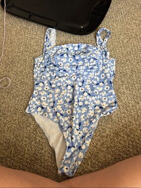 SHEIN Blue and White Floral One-Piece Swimsuit